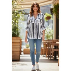 MAEVE By Anthropologie Women's S 8 Blue Striped Button Long Sleeve Shirt Top